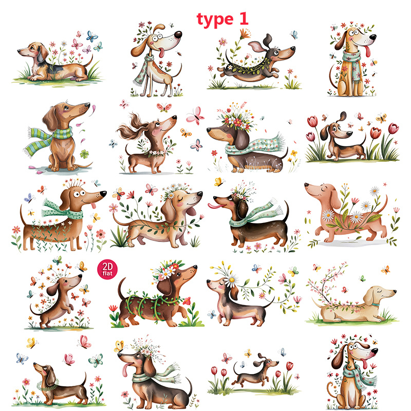 1 Pack 2d Flat Adhesive-free Cuttable Thin Stickers Whimsical Spring Dachshund Pattern Stickers Handmade Decoration Sticker Pack