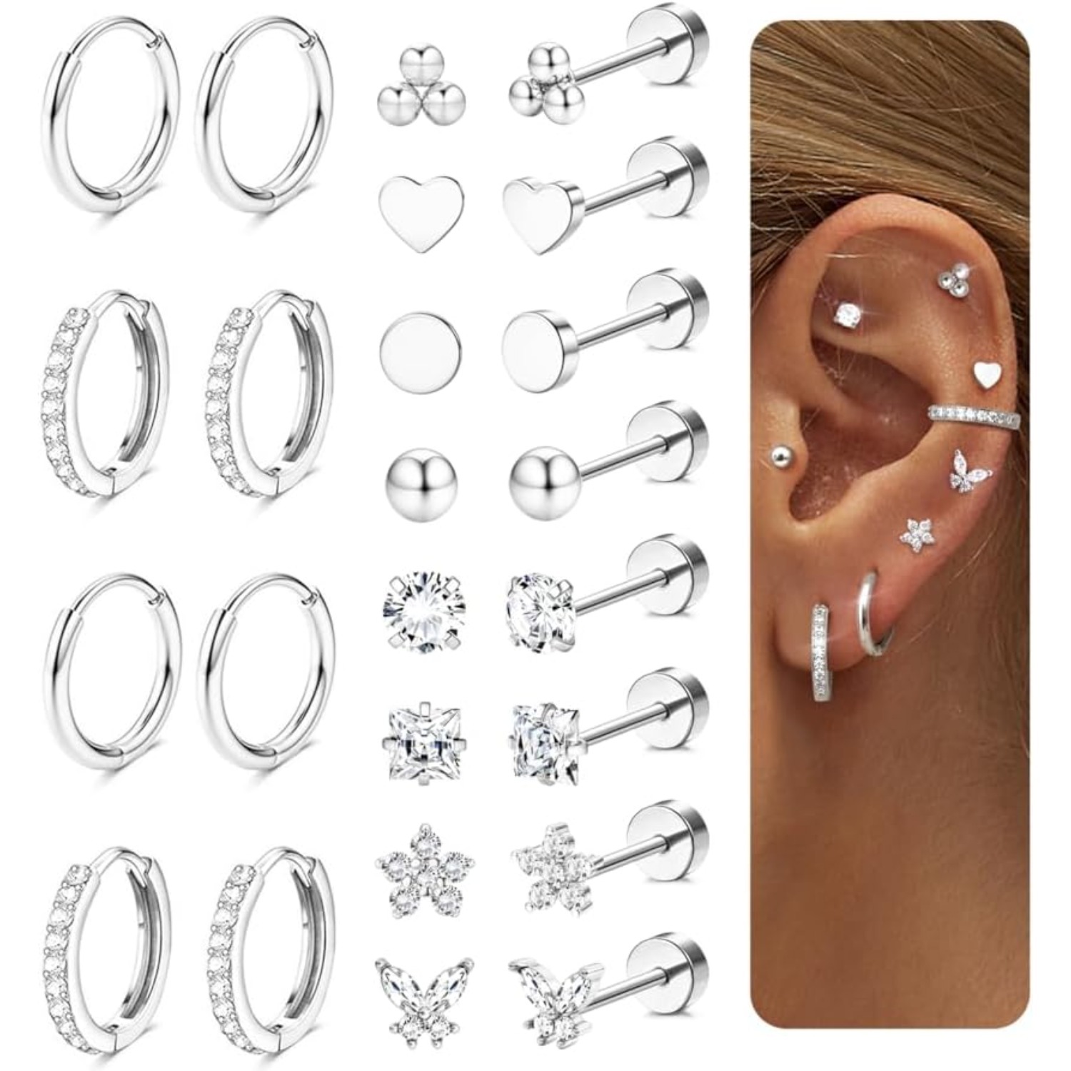 Image of 12 Pairs Of Earrings Golden Set For Women Surgical Steel Hoop Earrings Golden Piercing Ear Helix Cartilage Stud Earrings Huggie Hoop Earrings Hypoallergenic Golden Earrings Multiple