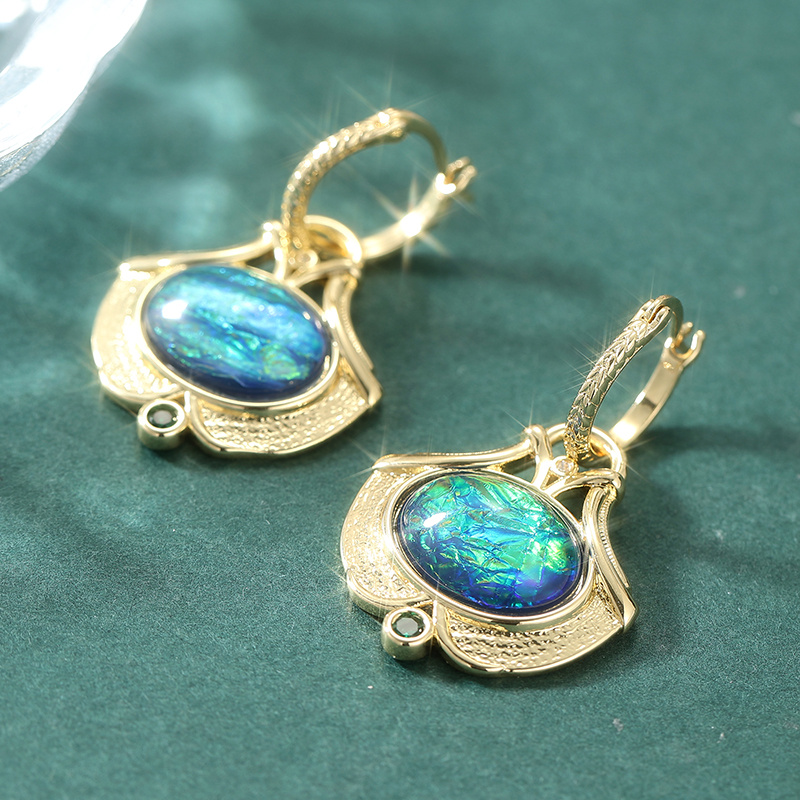 Chic Leaf-Patterned Earrings with Synthetic Blue-Green Opal Accents