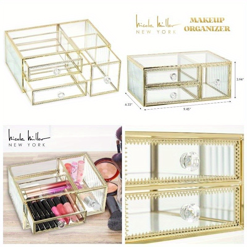 360 degree rotating makeup organizer with golden accents 3 drawer vanity storage no assembly needed elegant cosmetic organizer with   drawers for professional or home use perfect gift   enthusiasts   polished   organized lifestyle Product details 0