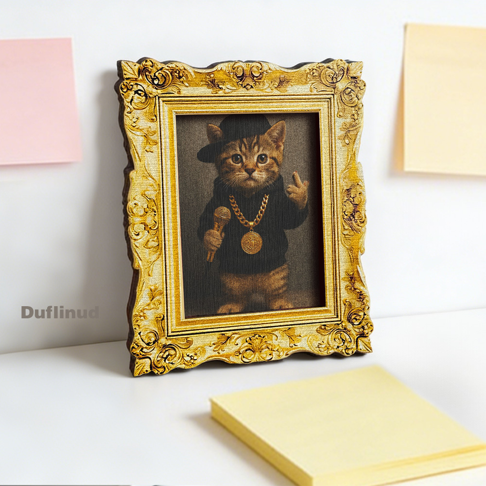 TEMU 1 Aimant de Réfrigérateur en Bois Chat Cool, Mini Design, Portant un Sweat à Capuche Noir et un Collier Doré, Tenant un Microphone, avec une