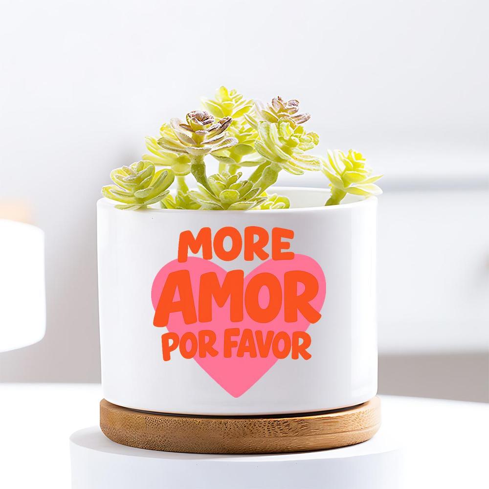 TEMU Vase d'extérieur avec motif de cœur et typographie ' ', pot de fleurs en céramique avec soucoupe, imprimé rose orange et ludique, conteneur rond