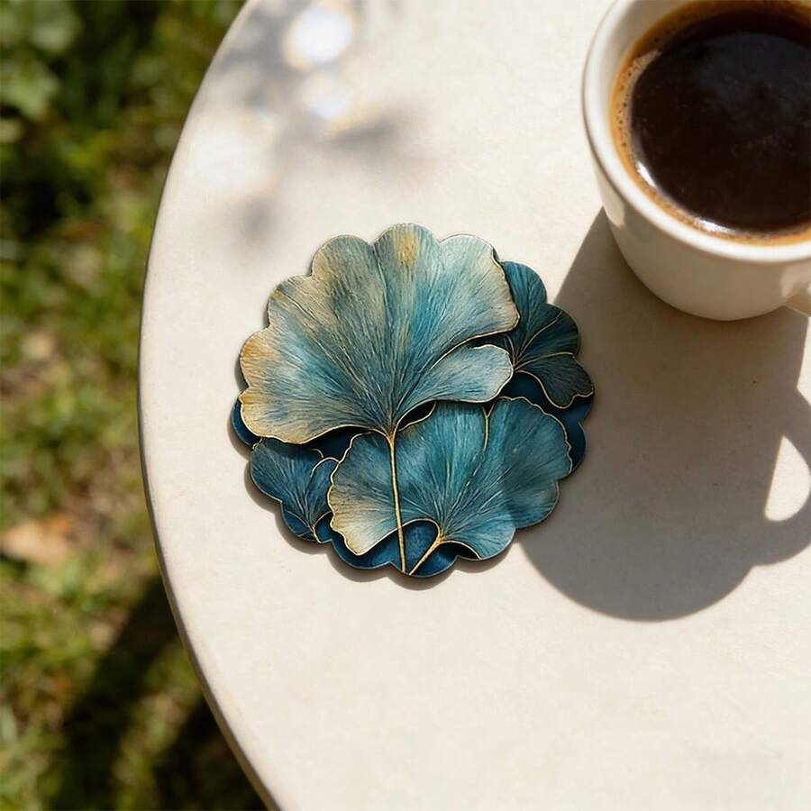 TEMU Ensemble de 6 sous-verres en bois de feuille de ginkgo, design plat 2D, avec base antidérapante, élégants et stylés, adaptés aux tables à manger