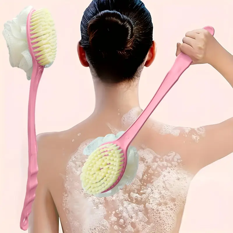 1pc long handle soft bristle bath brush 2 in 1 gentle exfoliating body scrubber massager unscented durable material japanese aesthetic design in pink with yellow bristles for deep massage Product details 1