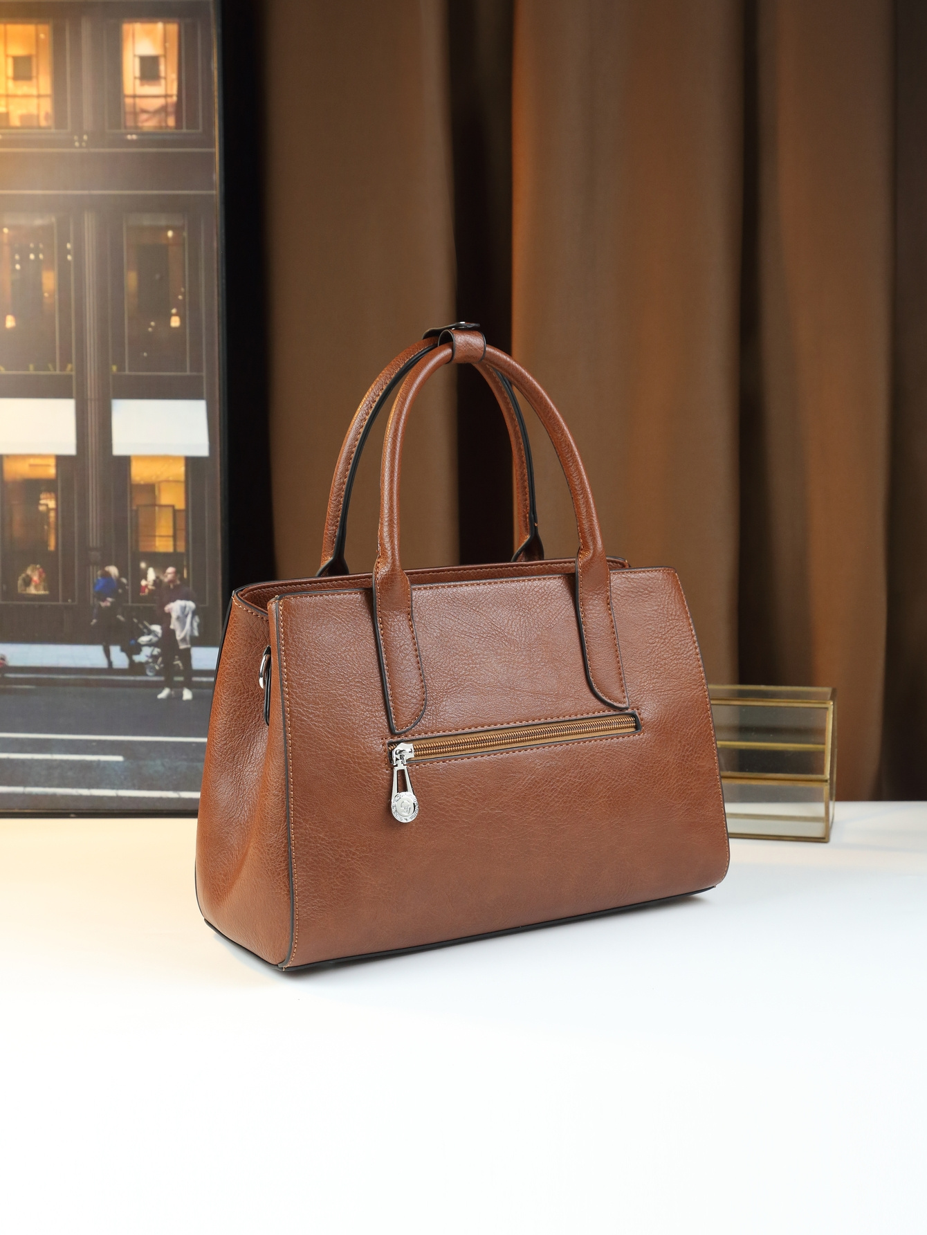 Light Brown Floral Tote top view with zipper