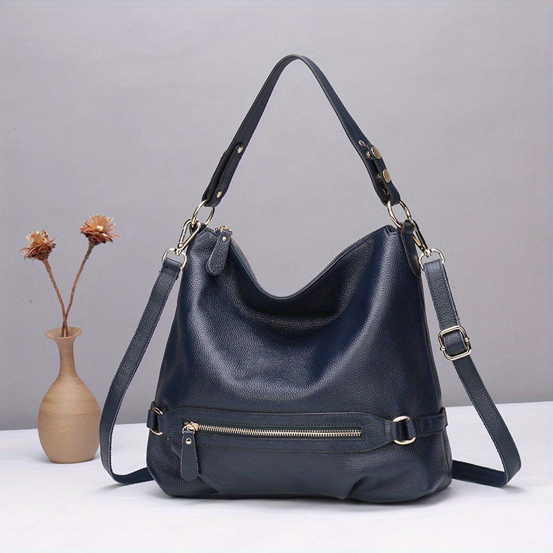 TEMU Genuine Leather Women's Crossbody Bucket Bag - Black Tote With Adjustable Shoulder Strap, Zipper Closure & Golden-tone Hardware, Design For