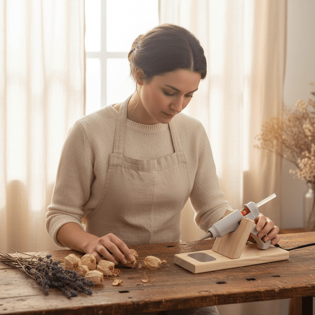 E-shop 1 Stück Tragbarer Heißklebepistolenhalter mit Ständer & Holzbasis & Metallplatte - Kompatibel für DIY, Hausreparaturen, Klebstoffspenderständer