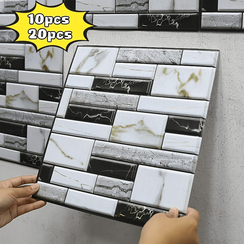 

Wongirl 10/20pcs 3d Marble Brick Pattern Wall Stickers, Self-adhesive Tiles, Waterproof Backsplash For Kitchen Bathroom Home Decor, Foldable Diy Tile Decals