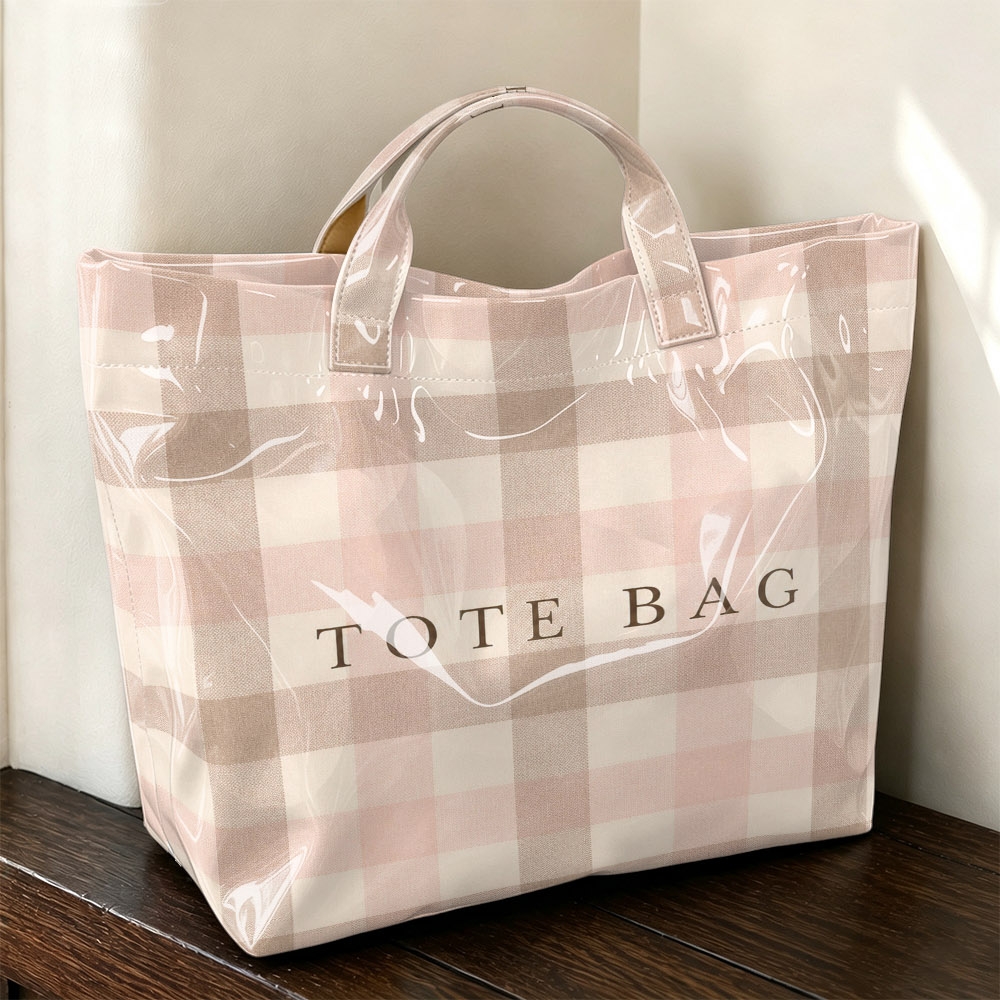 TEMU 1pc Women's Tote Bag Handheld Bag, Light Pink Gingham Minimalist Print Handheld Bag, Soft Neutral Aesthetic Large Capacity Casual Daily Tote