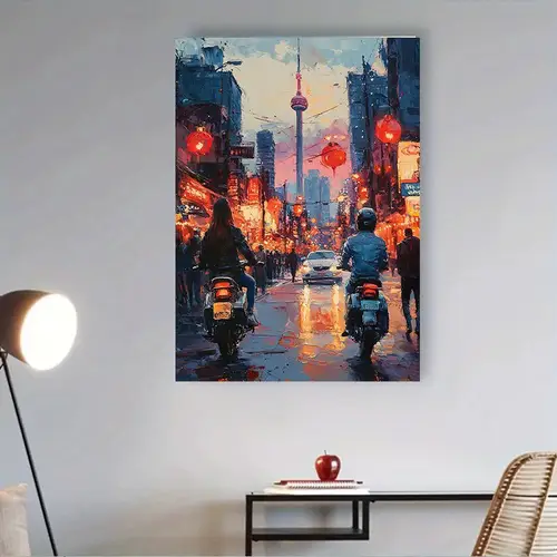 1pc vibrant cityscape motorcycle street art print frameless 12x16 scene with red lanterns reflective sky living room bedroom decor ideal gift for mothers day valentines easter thanksgiving ar