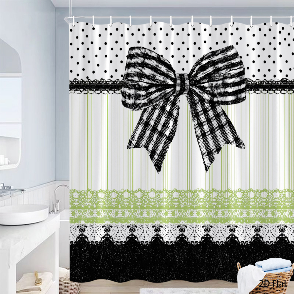 TEMU 1pc 2d Flat Stylish Black And White Polka Dot Shower Curtain With Bow And Lace Design Bath Hanging Curtain Bathroom Decor 70.8x70.8 Inch With Hook Perfect For Interior, 2d Flat