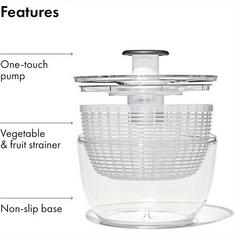high   fast spin salad spinner fruit washer lettice washer with one handed lever system heavy duty plastic construction non slip base   space saving   for home kitchen dishwasher safe easy to clean durable stable for   vegetables fruits herbs lettuce   kale ideal for small kitchens with ergonomic handle   drying salad washer spinner large salad spinner with lid with push button Product details 3