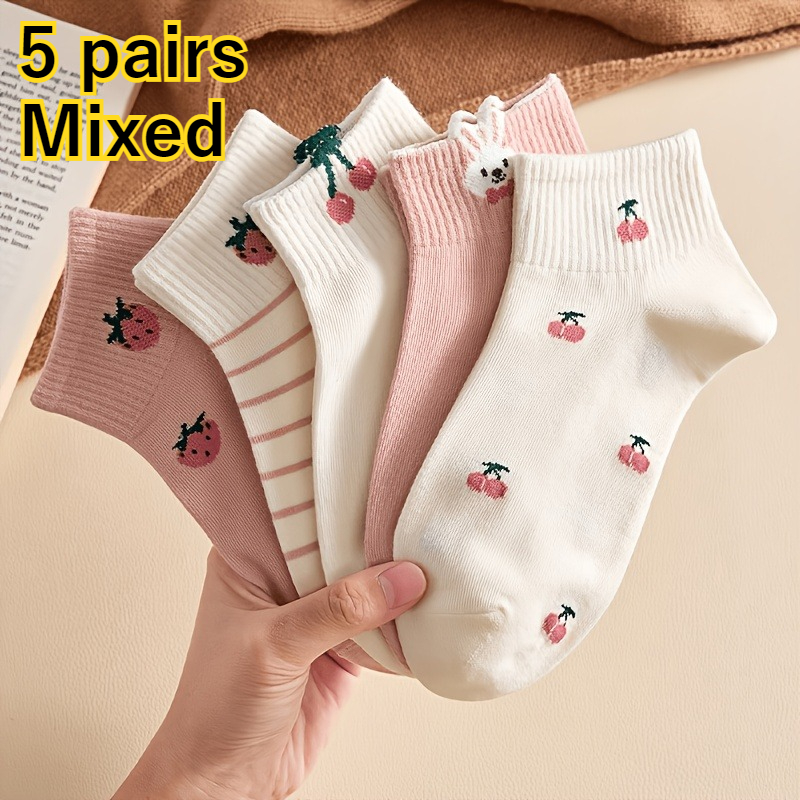 TEMU 5-pair Women's Ankle Socks With Cherry Strawberry Bunny Patterns - Cute Pink Casual Streetwear Suitable For , Breathable Comfortable Casual