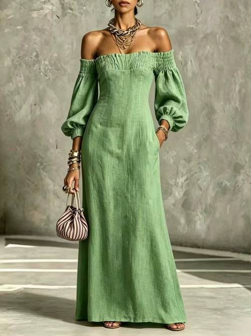 womens sunflower blue wine red light shoulder puff three quarter sleeve waist cinched maxi dress womens vacation dress elegant vacation daily and spring and summer occasions