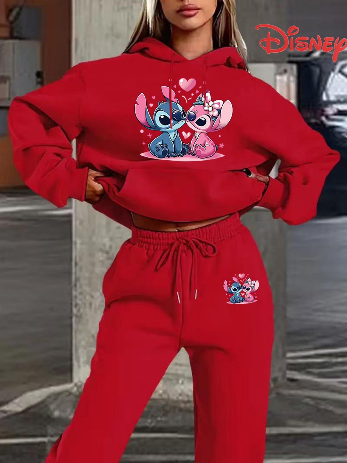 Women'S Cozy Fleece Hoodie & Sweatpants Set - Adorable Cartoon Bear & Heart Print, Black, Long Sleeve, Drawstring Hood, Comfortable Fit for Fall/Winter, Casual Wear|Playful Print|Fleece Lined Clothing