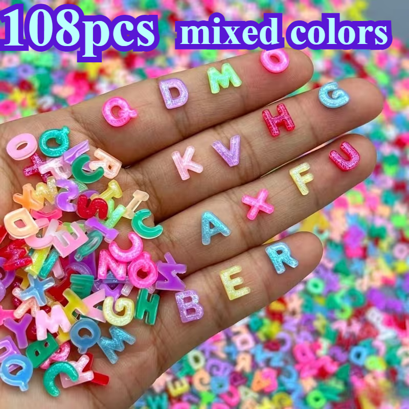 TEMU 108/208pcs Mini Lettres ABC-24 en Résine Brillante de Couleurs Mélangées, de Dessins Animés, pour Stickers Plats d'Ongles, Idéal pour Produits
