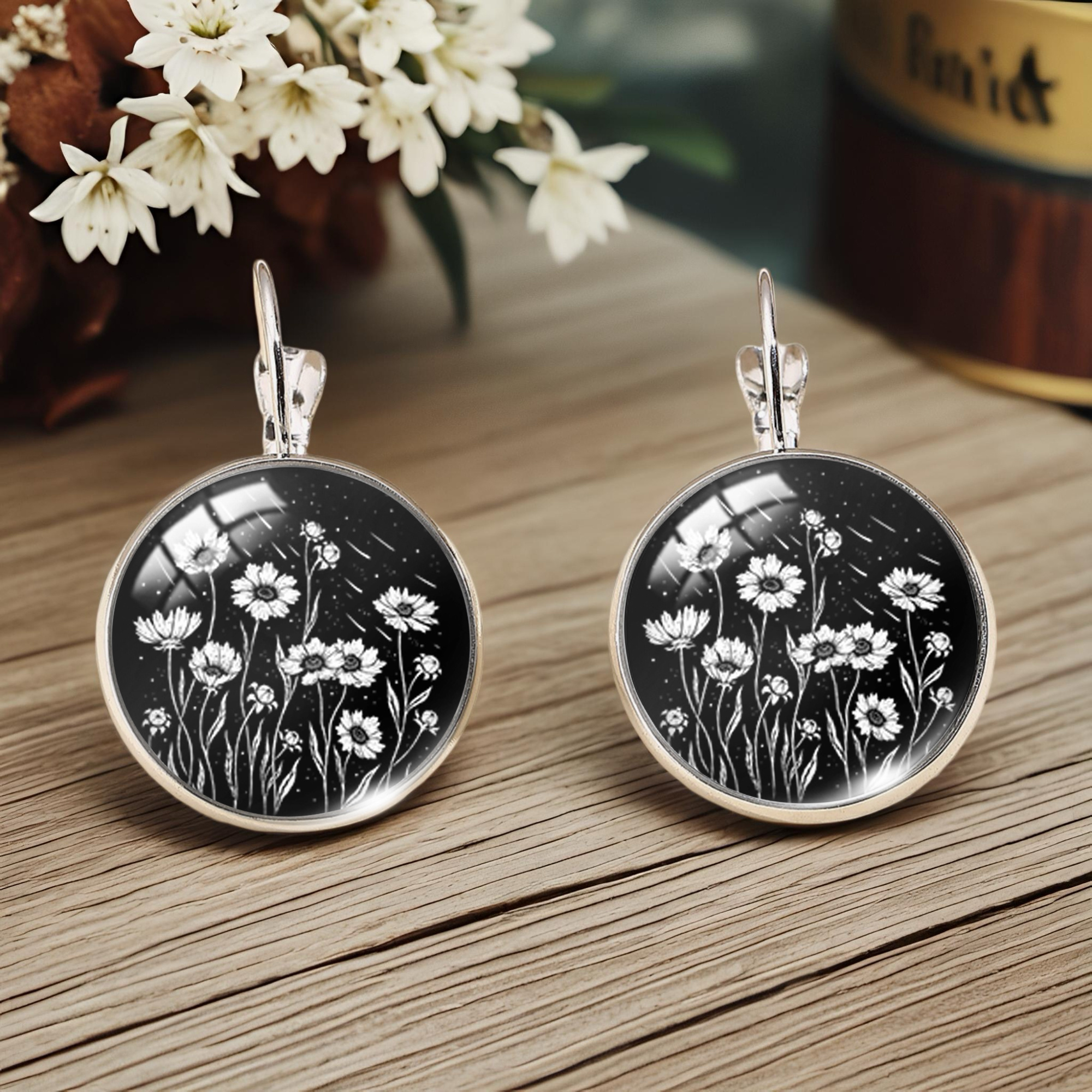 TEMU Fashionable Black And White Artistic Floral Minimalist Style Illustration Glass Round Earrings, Stylish Jewelry Gift