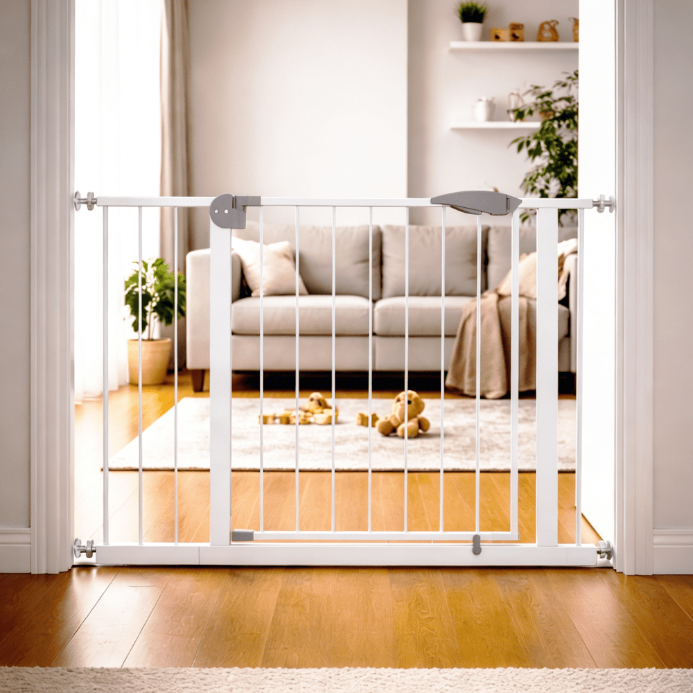 29.5-44.1 Inch Wide White Pressure-Mounted Walk-Through Safety Gate for Stairs and Doorways with Double Lock Security Barrier