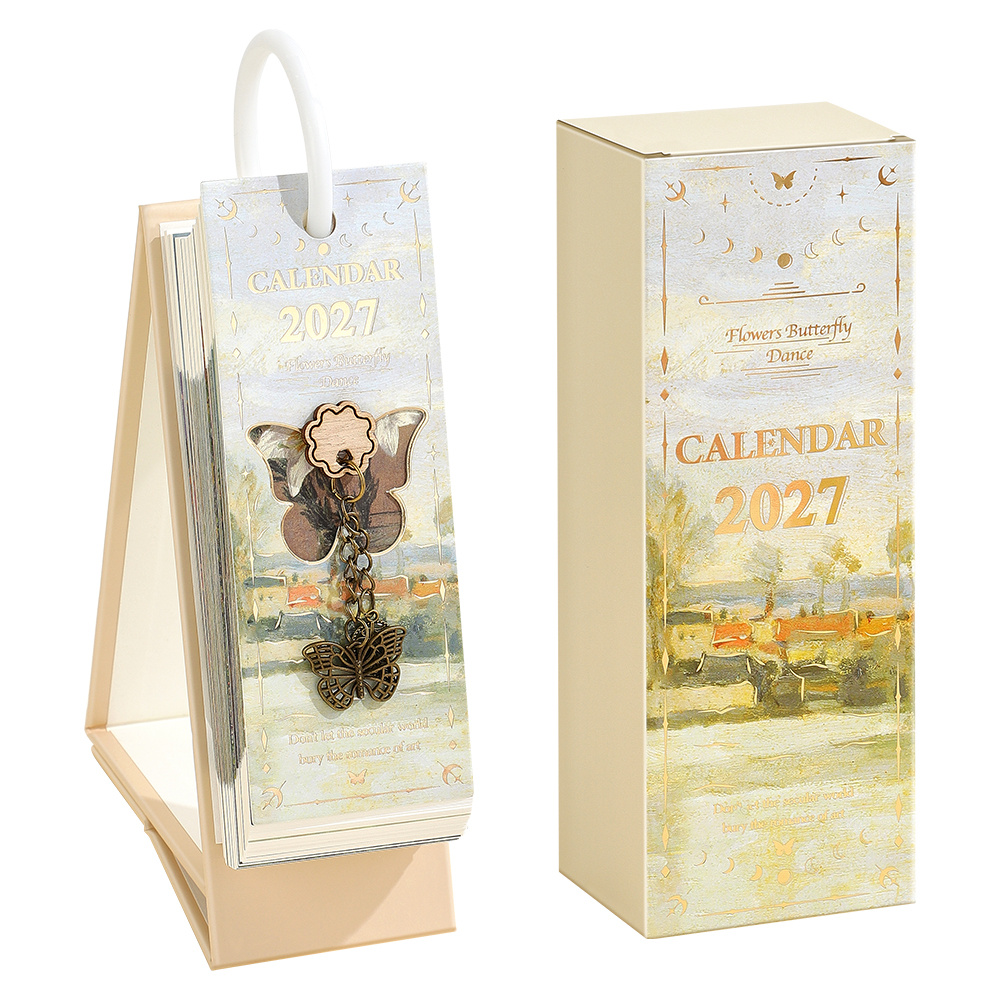 TEMU 2027 Desk Calendar With Binder Ring - 365 Days Inspirational Quotes, Page Turn Oil Painting Design, For Office & Home, Daily Planner &