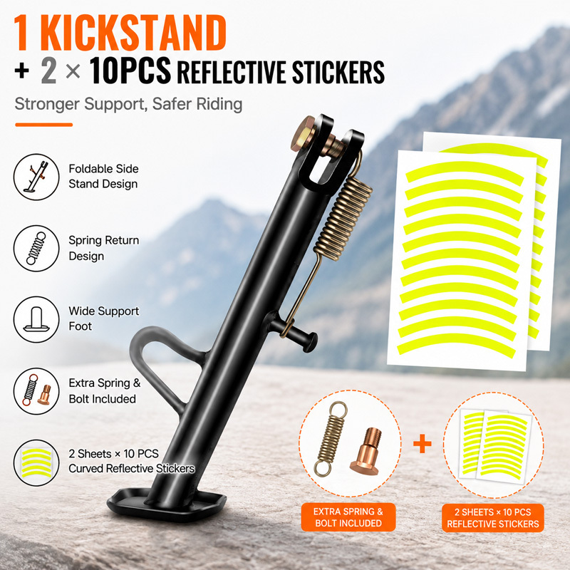TEMU 1pc E-bike And Motorcycle Kickstand With 20pcs Yellow Reflective Stickers, Foldable Black Metal Side Stand With Spring Return Design And Wide