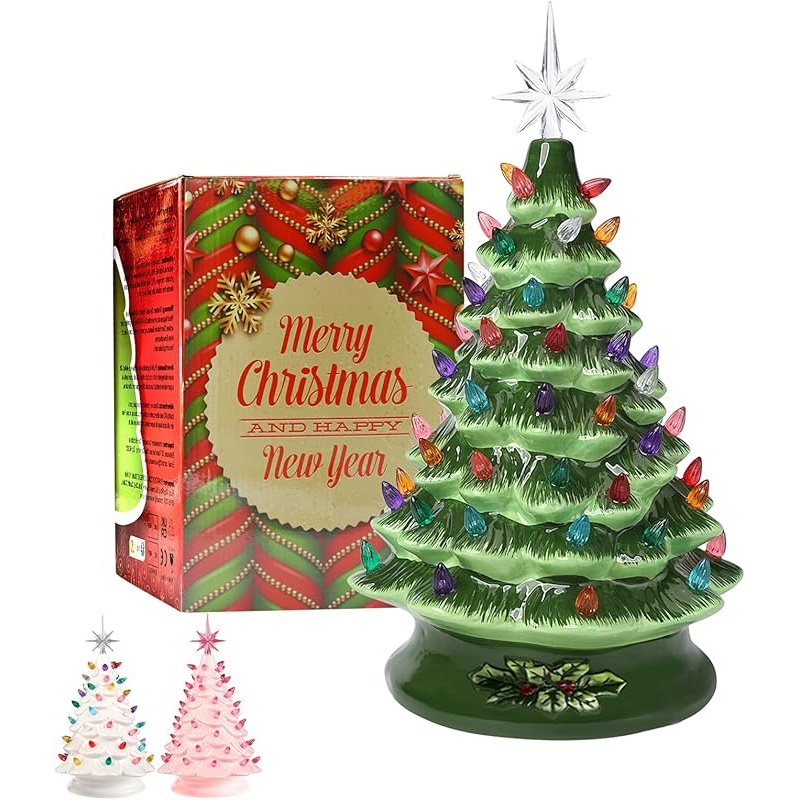 TEMU Ceramic Christmas Tree Tabletop Decoration Christmas Tree Branches With Color-changing Ornaments And Stars, Featuring And Golden Vintage Design,
