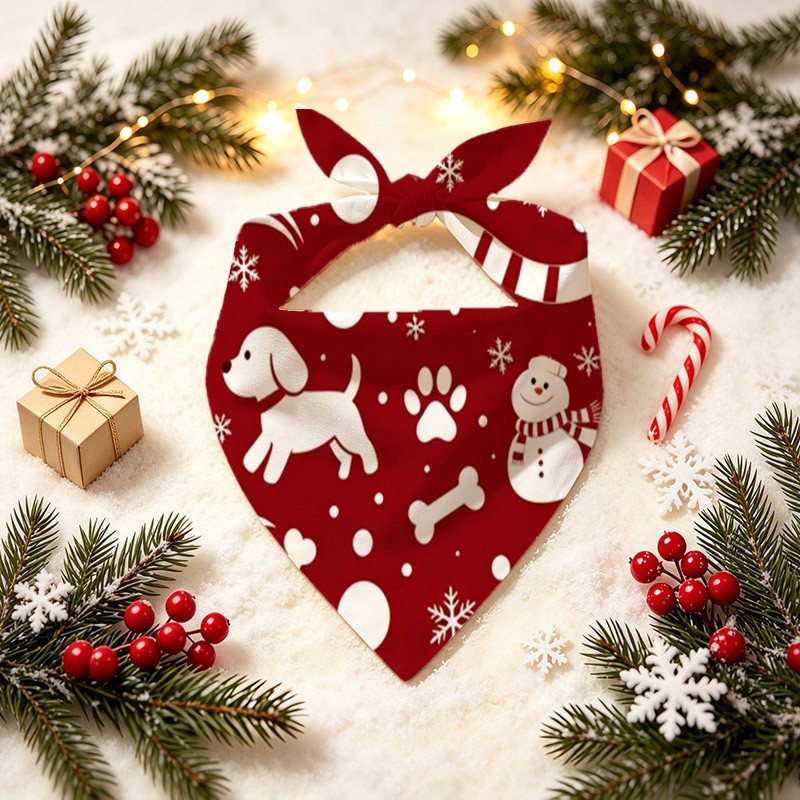 TEMU 1pc 24.8 X 11 pouces Écharpe festive d'hiver sur le thème de Noël pour chien, fond rouge avec de jolis de neige blancs, empreintes de pattes,