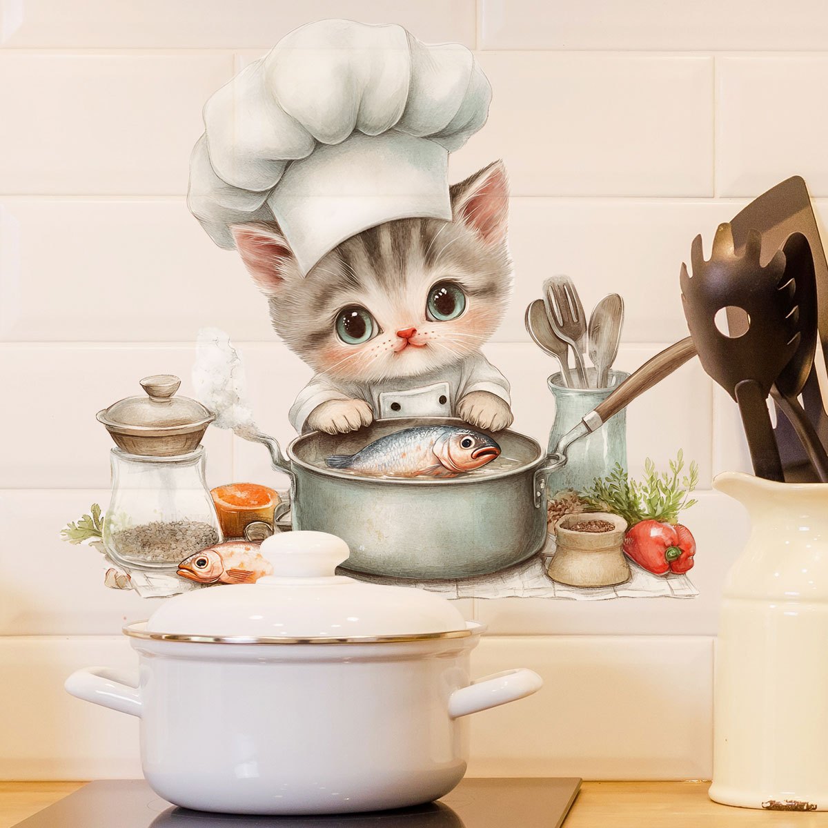 Adorable Cat Cooking Fish Veggies Wall Decal Plastic Sticker for  Kitchen, Dining Room, Living Room, Bedroom Refrigerator Decor
