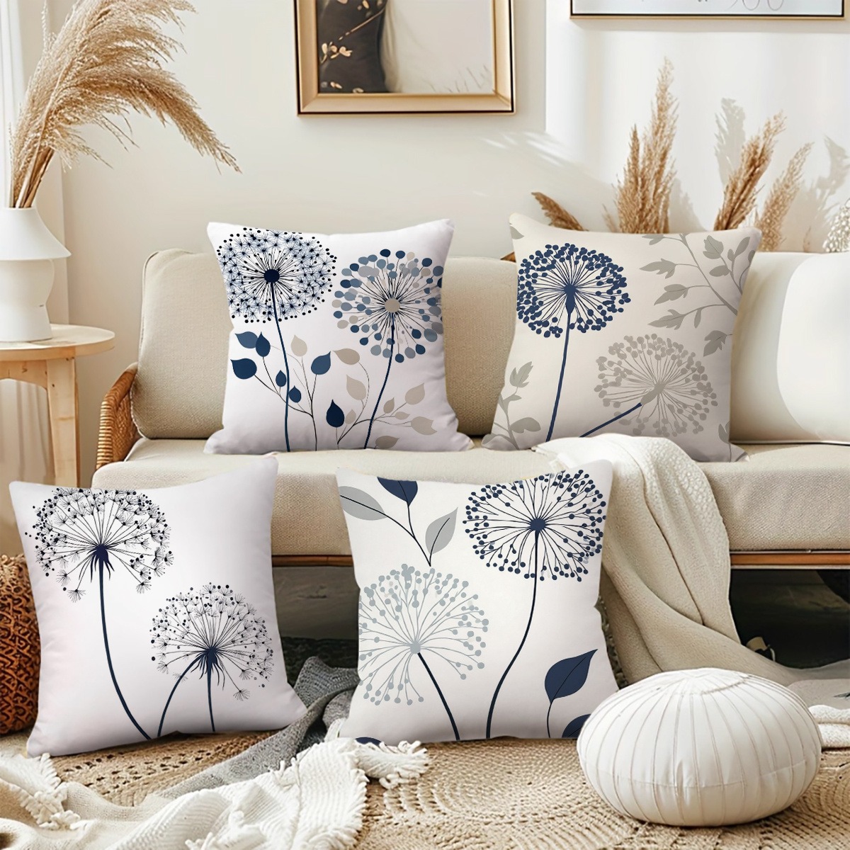 TEMU 4pcs Set -gray Dandelion Art Pillowcases, Modern Minimalist Aesthetic With Blue-gray And White Contrast Colors, Single-sided Print, Zipper