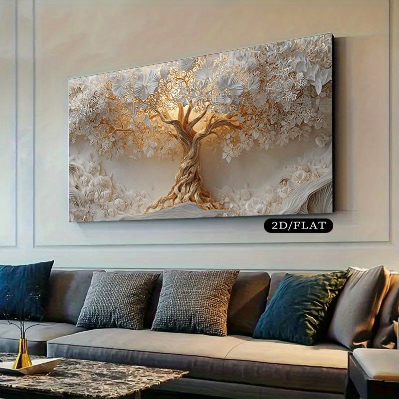 2d flat 2d flat large canvas wall art featuring   of life painting measuring 23 6x47 2 inches   with golden accents   modern minimalist home decor in living rooms bedrooms