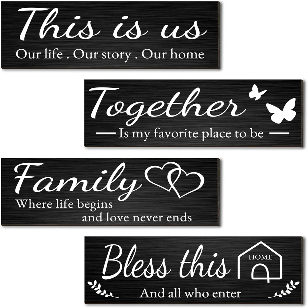 TEMU 4pcs Rustic Farmhouse Wall Signs With " " & " This Home" Phrases - Artificial Wood Horizontal Hanging Decor Suitable For, Bedroom, Entryway -