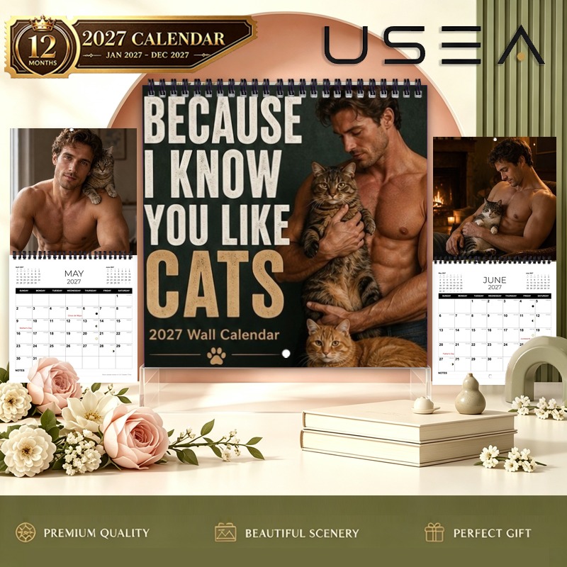 Image of 2027 Wall Calendar, 1pc 2027 Wall Calendar, 12-month Hanging Spiral Calendar With Men And Cats, Large Blocks, Us Holidays, Ideal Gift For Cat Enthusiasts