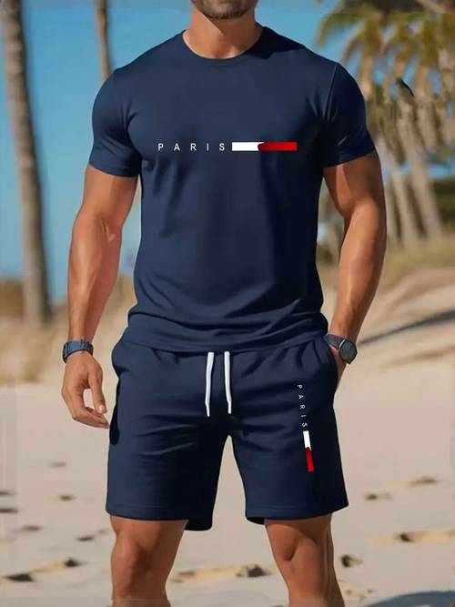 2026 western youth summer mens short sleeve t shirt and drawstring shorts casual 2pcs outfit fashionable comfortable daily outing wear trendy essential holiday gift