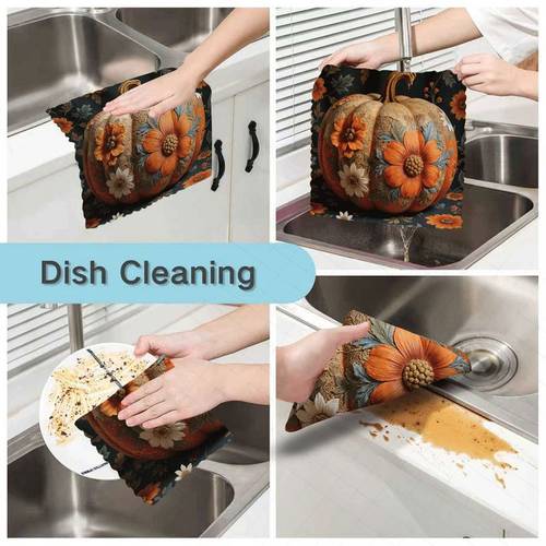 6pcs kitchen dish towels autumn retro pumpkin floral 2d element pattern reusable cleaning cloth microfiber scouring pad strong absorbency easy to clean thickened fleece travel multi functional small square towels suitable for home and res