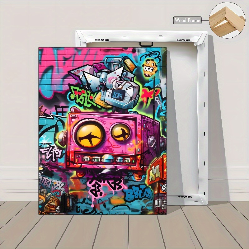 3pcs Framed Canvas Art - Vibrant Graffiti Robot & Space-Themed Wall Decor with Pine Wood Frame, Perfect for Living Room, Bedroom, Cafe, or Bar, Indoor/Outdoor Use, Indoor Wall Decor | Vibrant Wall Art | Wrapped Canvas Frame, Wall Art Decor