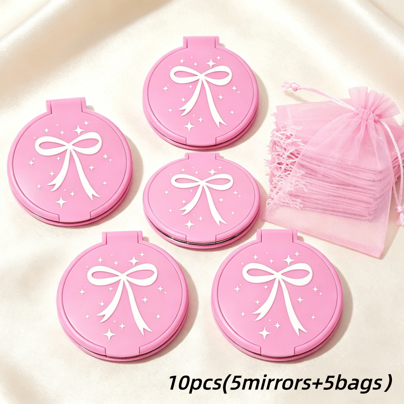 Image of 10pcs Pink Bow Mini Pocket Mirrors With Bags, Compact Round Folding Makeup Mirrors, Korean Style Vanity Additions, Ideal As Party Favors Or Bridal Shower Gifts