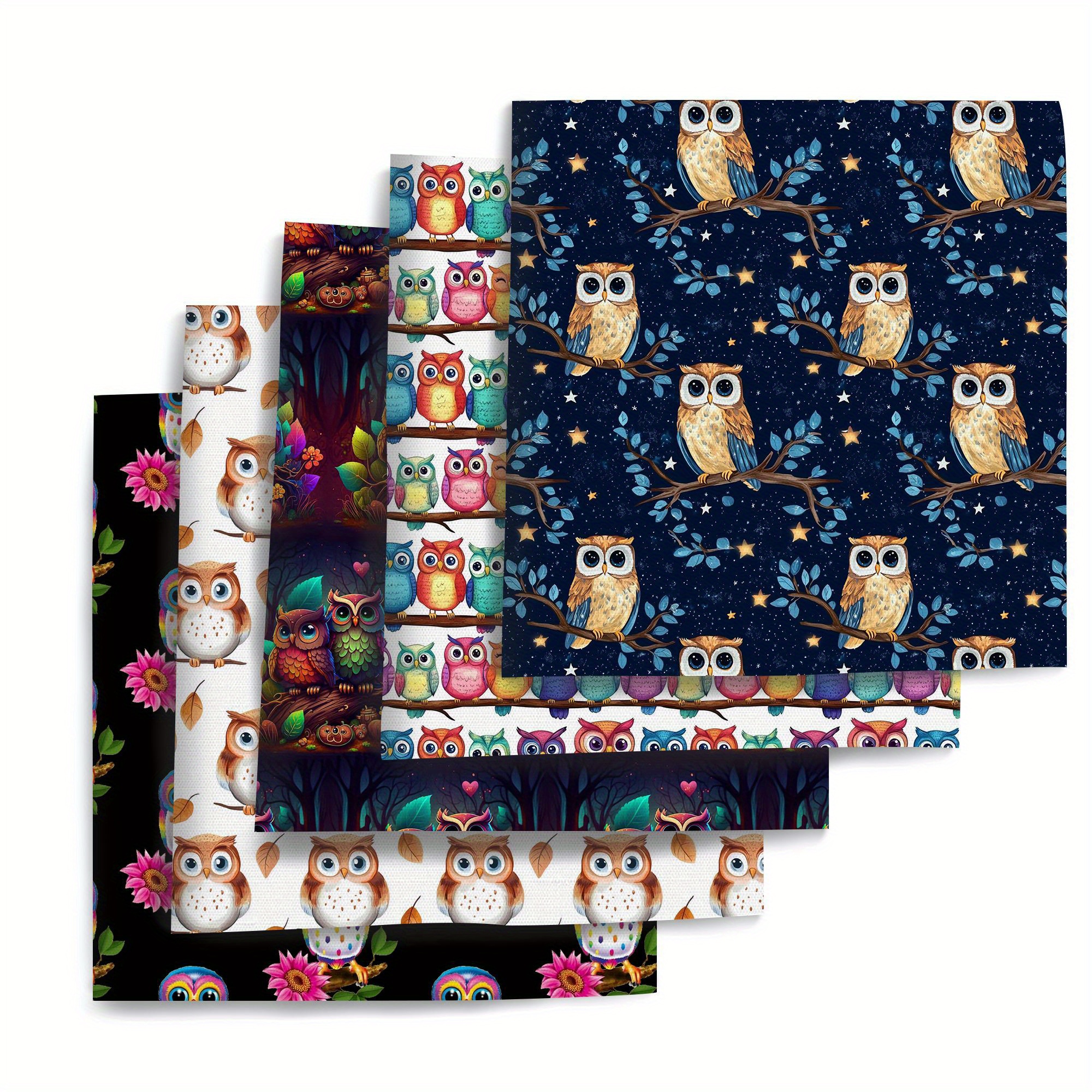 E-shop 5-teiliges Set 7,87*7,87 Zoll (20x20 cm) Blumen-Eulen-Stern-Blatt Vorgeschnittenes Quiltstoff-Fat-Quarter-Bündel, Polyester-Quiltquadrate für