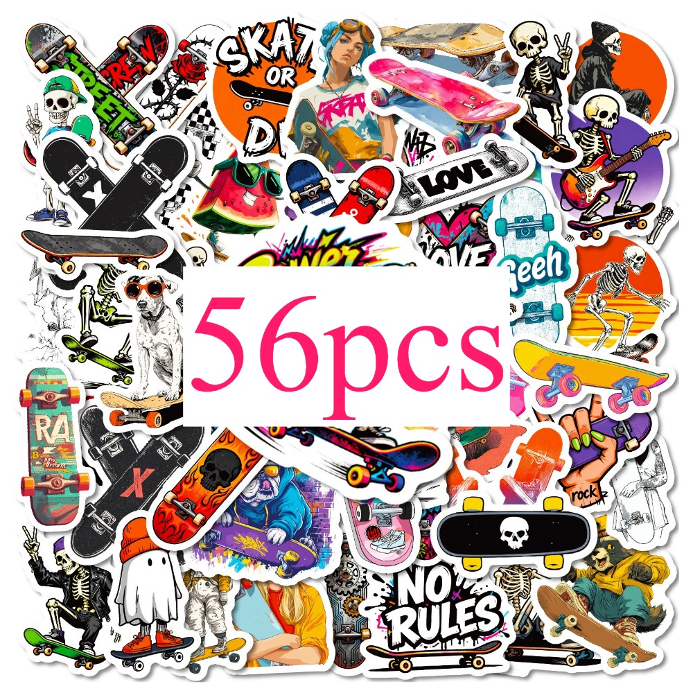 56pcs Of Trendy Streetwear Skateboard Series Stickers, Suitable For Scrapbooks, Journals, Laptops, Water Bottles, Cars, And Other Faith-based Designs, Featuring Gifts With Positive Messages