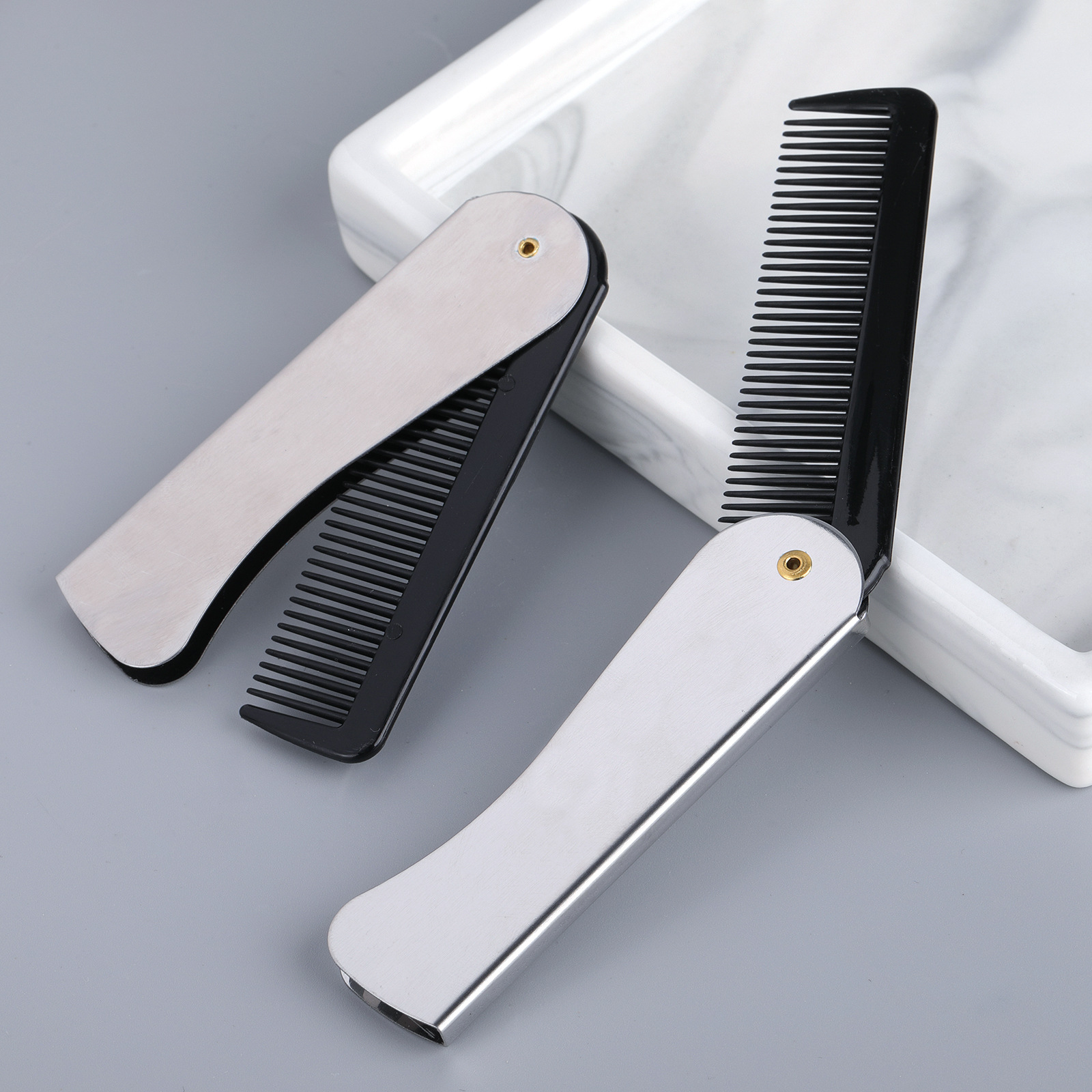 TEMU 2-pack Stainless Steel Handle Folding Comb, Compact And Portable Beard Comb, Slickback Comb, Plastic Men's Haircut Comb, Detangling Comb, Travel