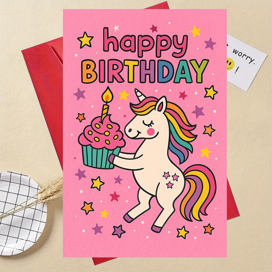 TEMU 1pc Fun Gift Colorful Unicorn Birthday Card With Cupcake, Suitable For , Family, And Unicorn Enthusiasts To Special Birthdays, Joy To Any Party