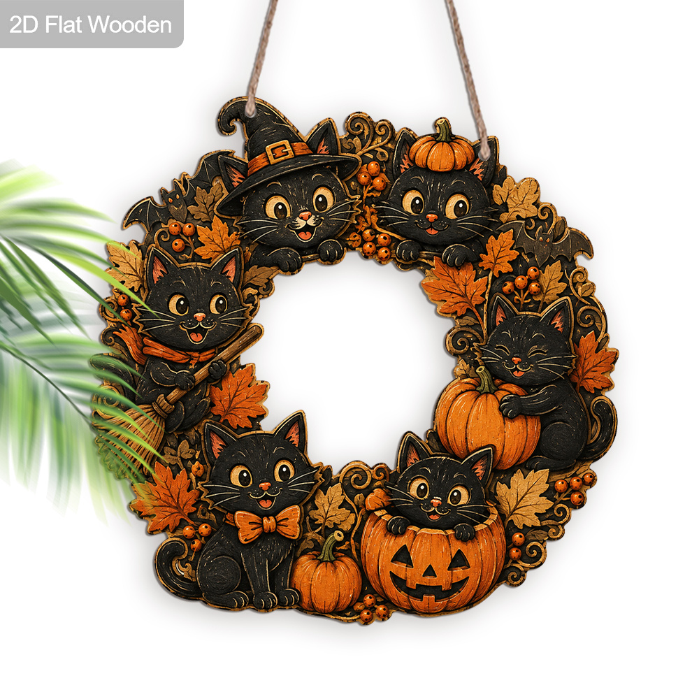 TEMU 2d Flat, 2d Flat Two-dimensional Wooden Black Cat Wreath Wall Hanging - 1pc, Suitable For Halloween And Autumn Decor, Irregularly Shaped Hanging