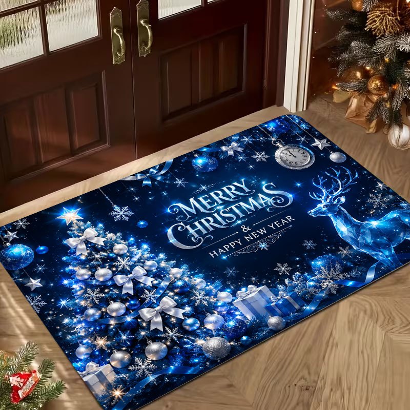 TEMU 1pc Christmas Welcome Door Mat Blue Reindeer And Tree Pattern Of Welcome Door Mat Xmas Party Decoration Christmas Holiday Gift Velvet Floor Mat