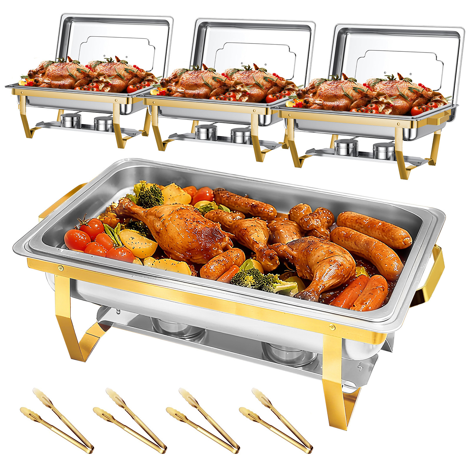 9qt Chafing Dishes With Food Clamps, 2pack Or 4pack, Sturdy Buffet Food Warmers, Elegant Golden And Silver Colors, Complete Set, Cooking