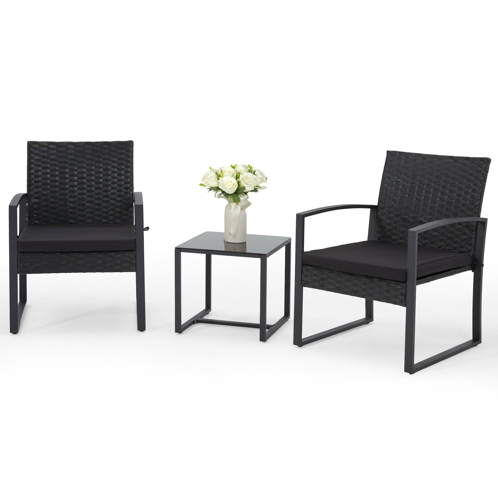 [Durable Rattan, Bezseller] 3pcs Bezseller Patio Furniture Set | Outdoor Rattan Bistro Set with Durable Steel Frame, Strapped Cushions for Garden, Balcony, Poolside, Backyard