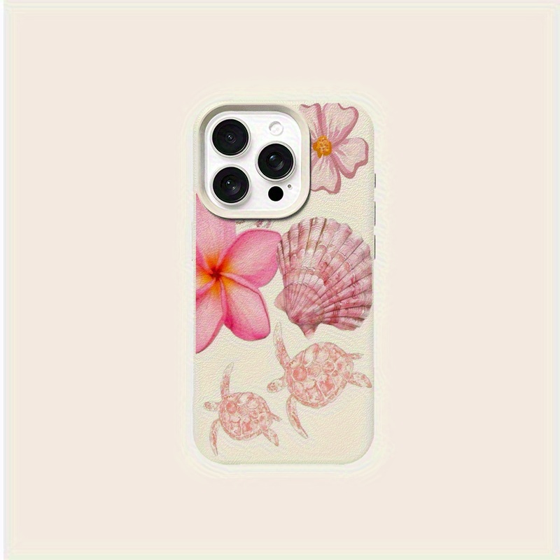 Pink Sea Turtle Shell Hawaiian Flower Pattern Suitable for TPU Case Compatible with iPhone 16 Pro Max iPhone 16 Pro Max/14/16 Plus/15/13P/12/11 Business Shockproof Protective Case High Aesthetic