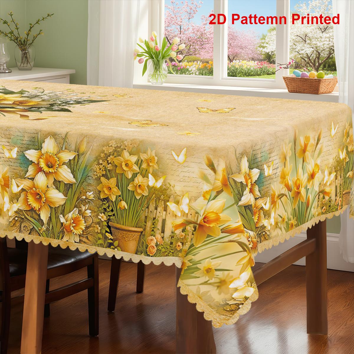 TEMU 1pc Spring/summer Themed Tablecloth, Durable Polyester Tablecloth, Vintage And Daffodil Pattern Print Design, Rectangular/square Tablecloth,