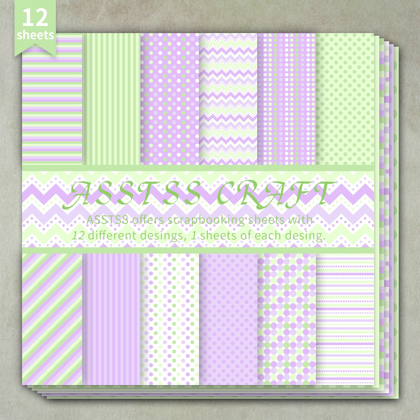 TEMU 12-sheet Asstss 6x6 Inch Scrapbooking Paper Pad, Lilac Purple-light Green Polka-dot And Stripe Whimsical Style Backing Paper Supplies,