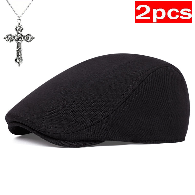 Image of 2pcs (hat And Necklace) Multicolor Solid-colored Baseball Caps, With A Beret Style That Fully Showcases