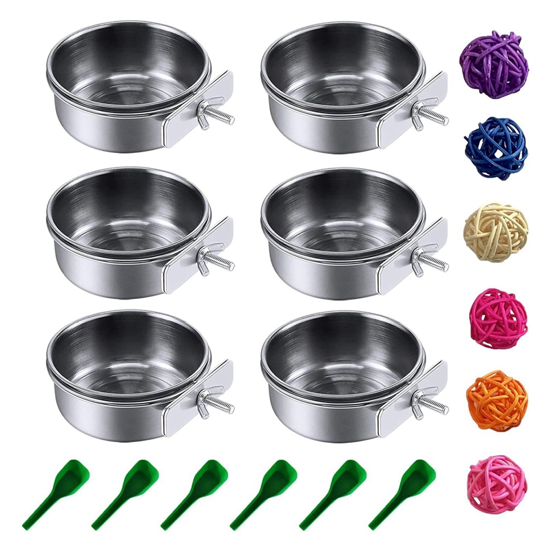 Image of 6pcs Stainless Steel Bird Feeding Dish Cups, Parrot Feeder Parakeet Food Water Bowls With Clamp Holder And Bird Spoon, Without Battery