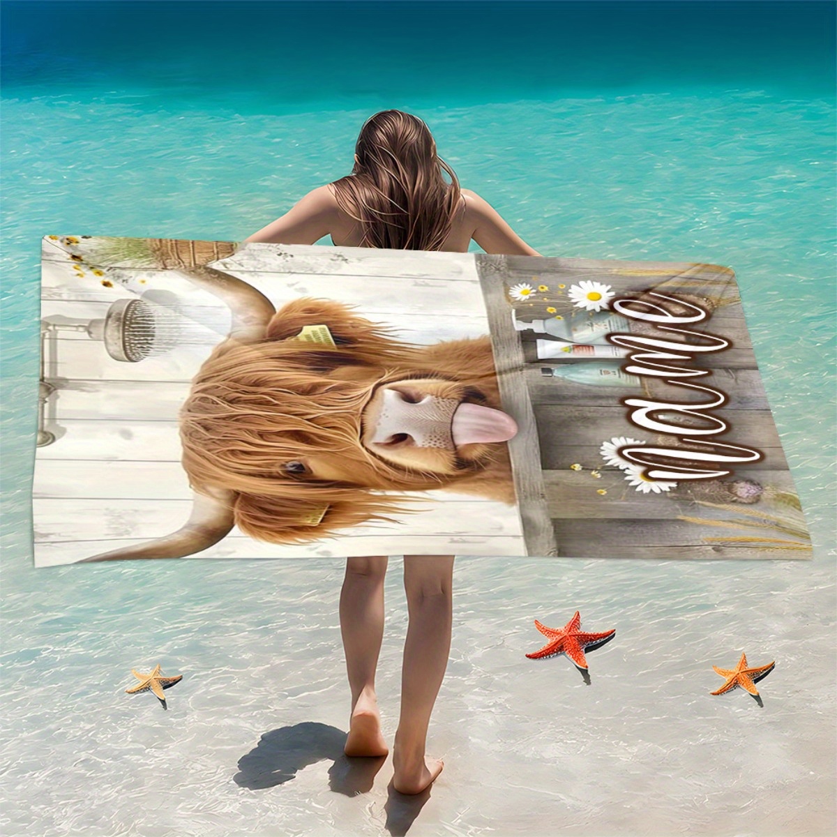 TEMU 1pc Custom Name Cow Bath Scene Beach Towel Soft Ultraabsorbent Microfiber Lightweight And Windproof Beach Parties Travel Camping 55x27n 63x170in