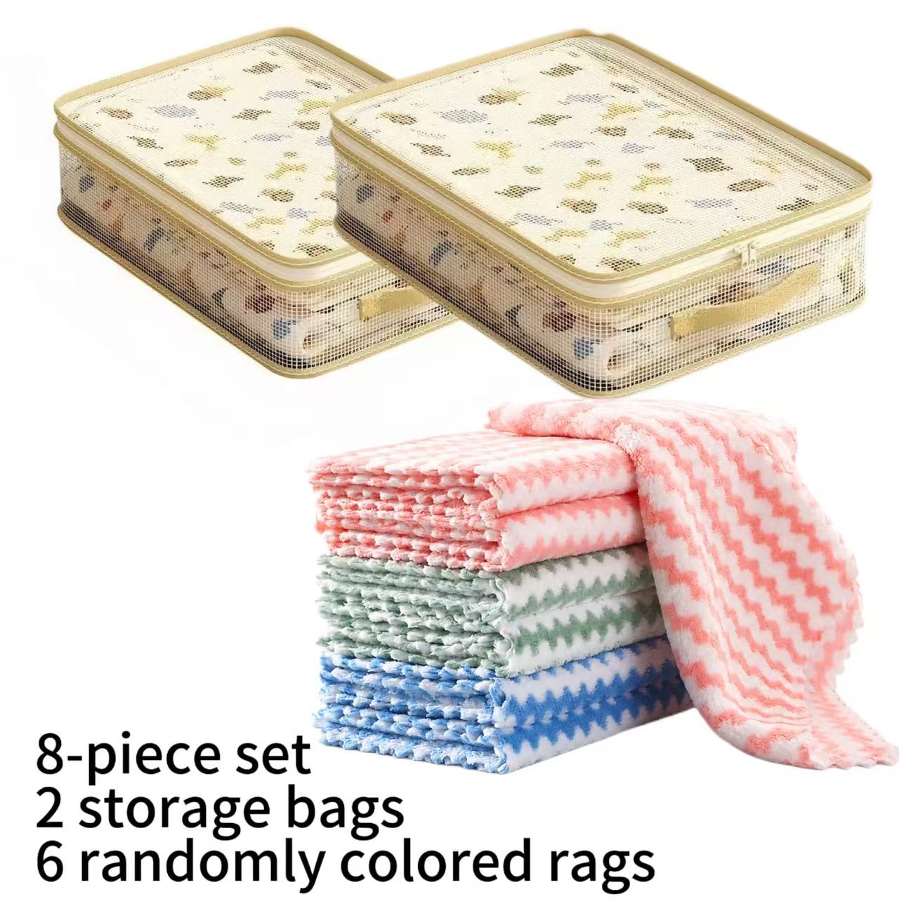 TEMU 8pcs Set | 2pcs Storage Bags And 6pcs Random Colors Of Cleaning Cloths | Home Clothing Storage Bags, Foldable Fabric Zipper Organizers, Large